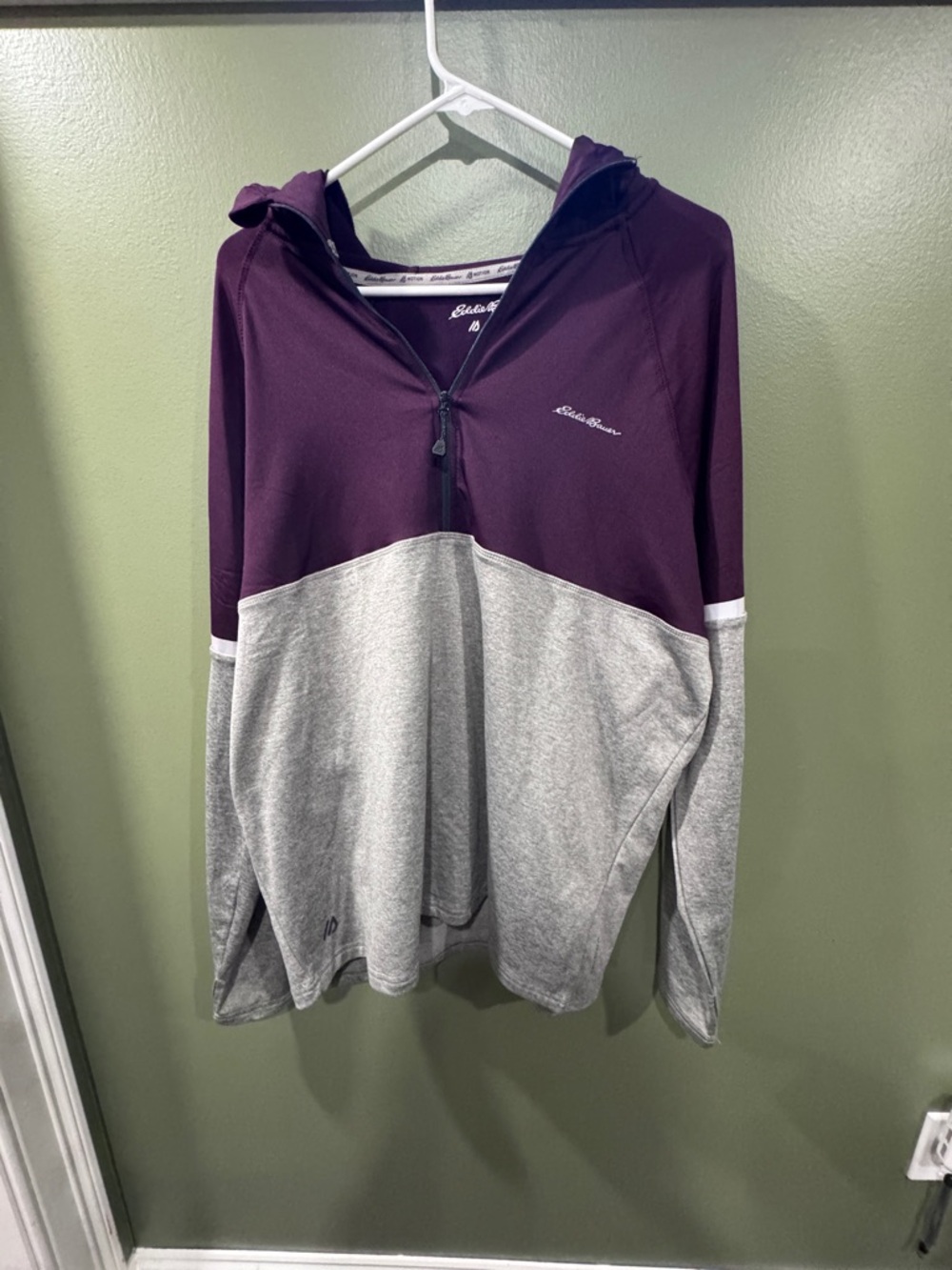 Eddie Bauer Plum and Light Gray Half-Zip Hooded Pullover Large